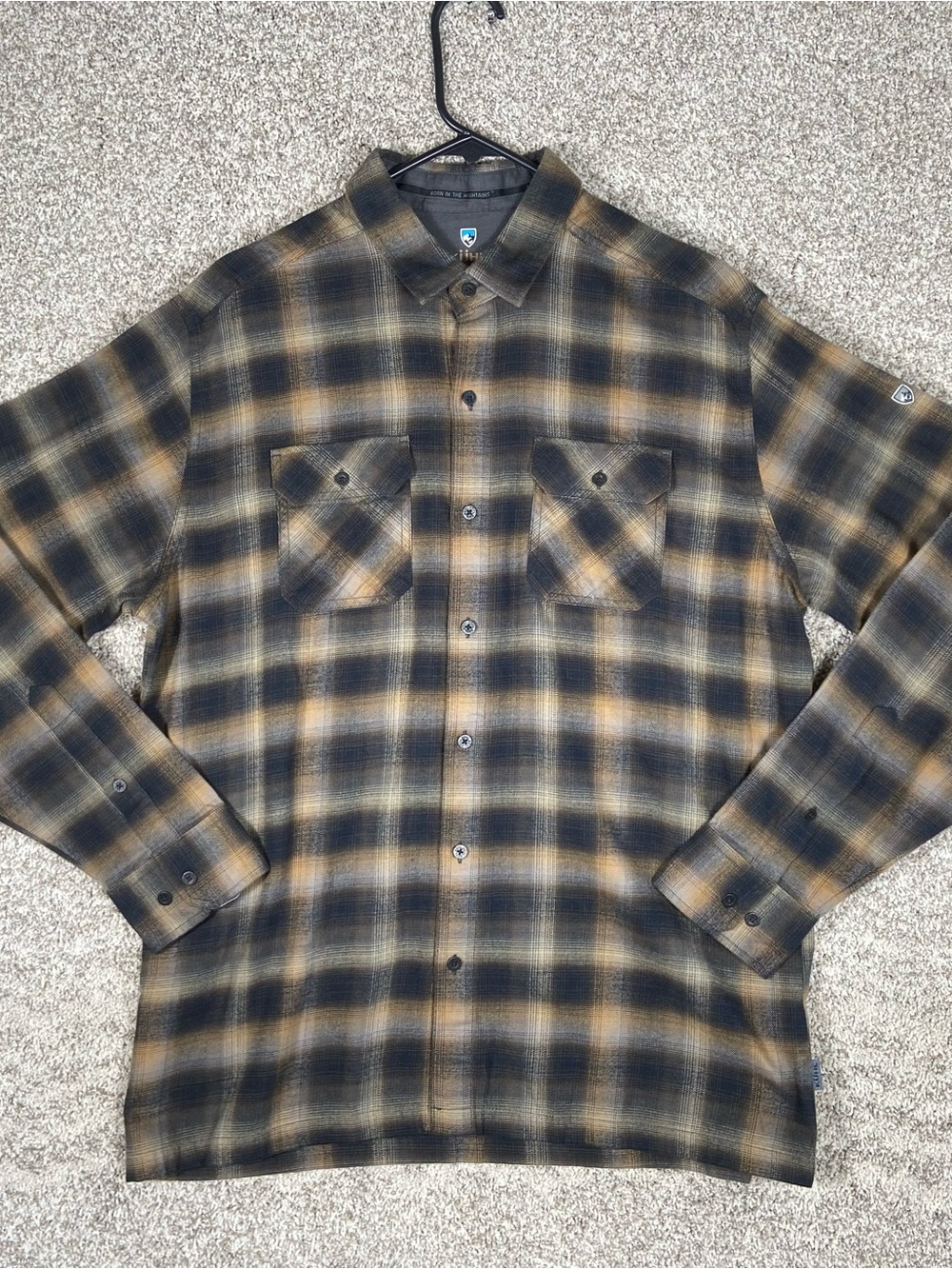 Kuhl Mens Large Brown Black Plaid Flannel Long Sleeve Button Down Shirt